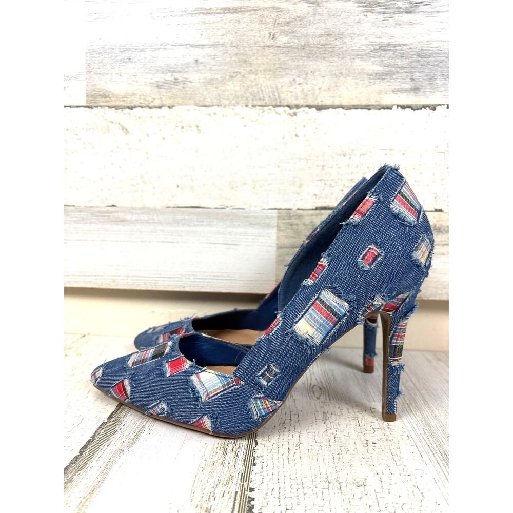Its Womens 10 Blue Denim Patchwork Pointed Toe Boho High Heels NEW